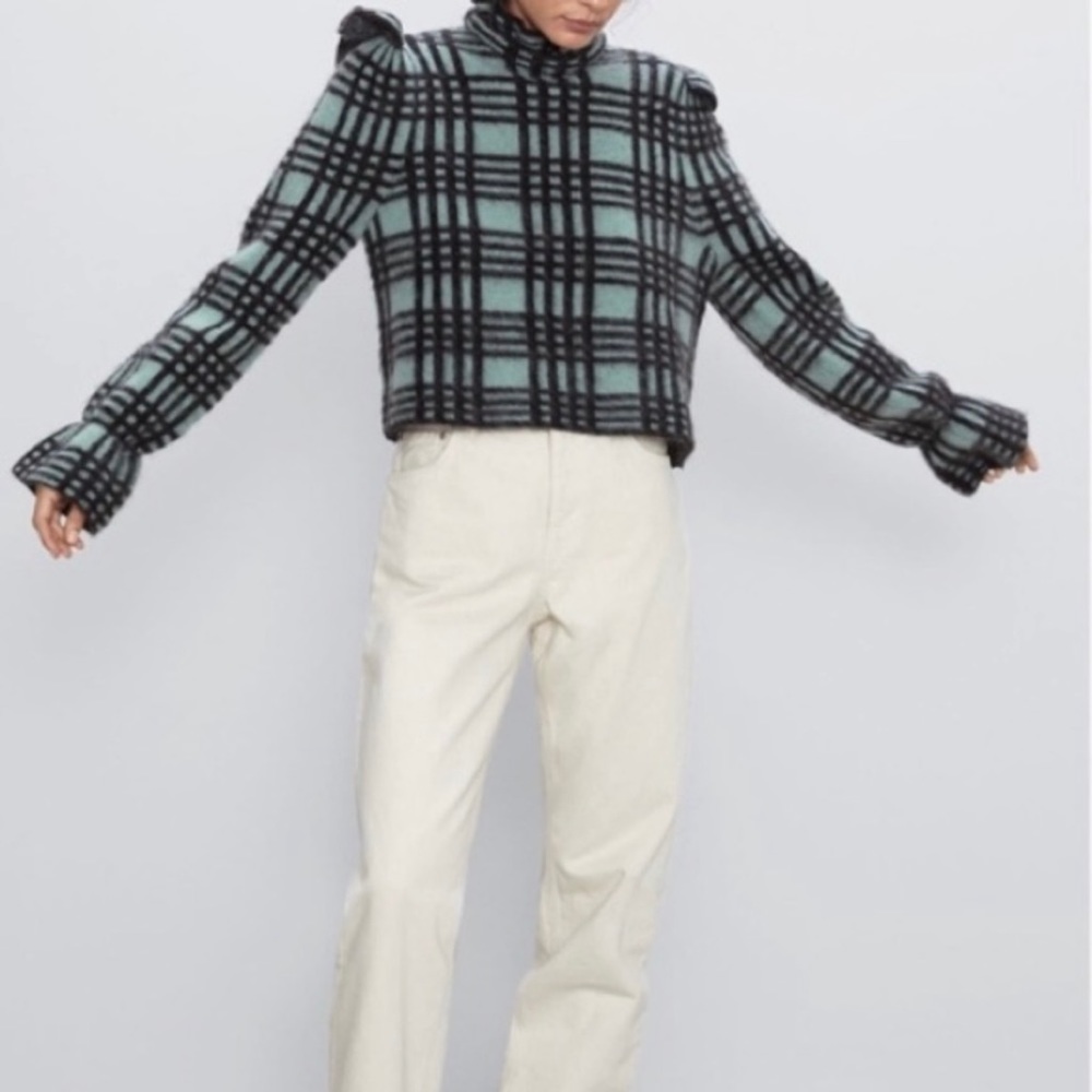 Zara Plaid Ruffle Wool Mohair Blend Sweater - Picture 5 of 11
